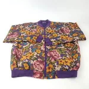 Vtg 90s Womens Purple Floral Print Bomber Jacket